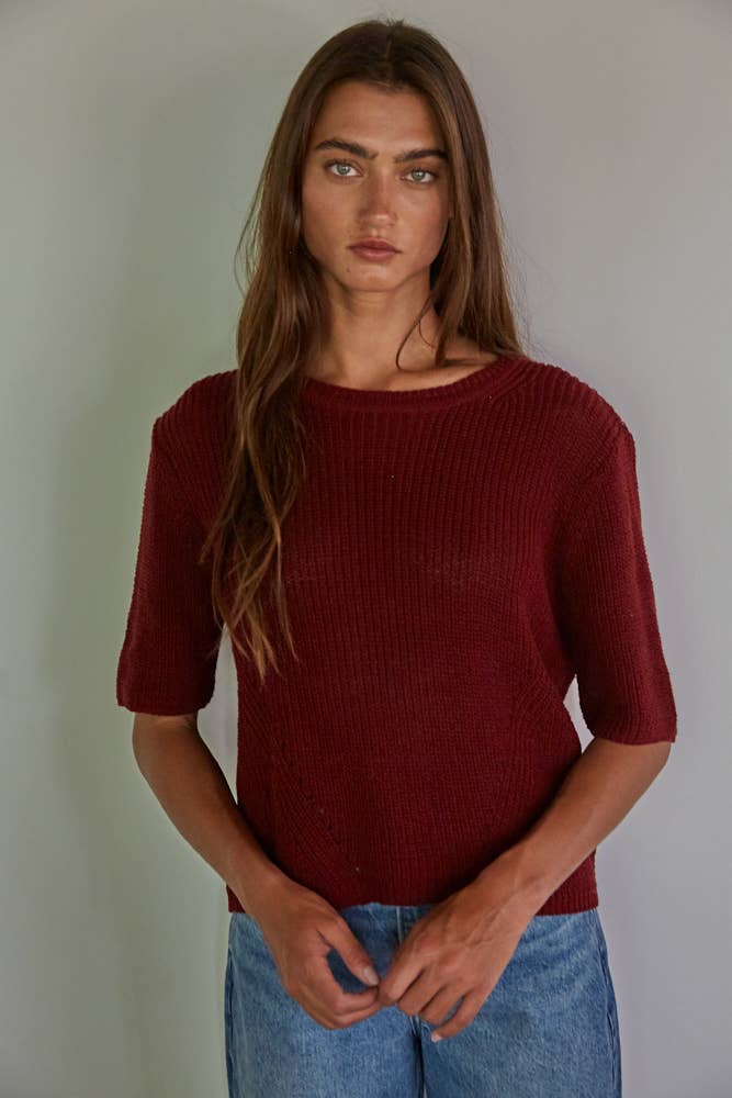 Knit Sweater Round Neck Wrap Back Short Sleeve Top • Burgundy