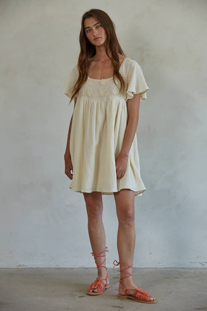 By Together• Floral Embroidered Short Sleeve Babydoll Dress • Cream