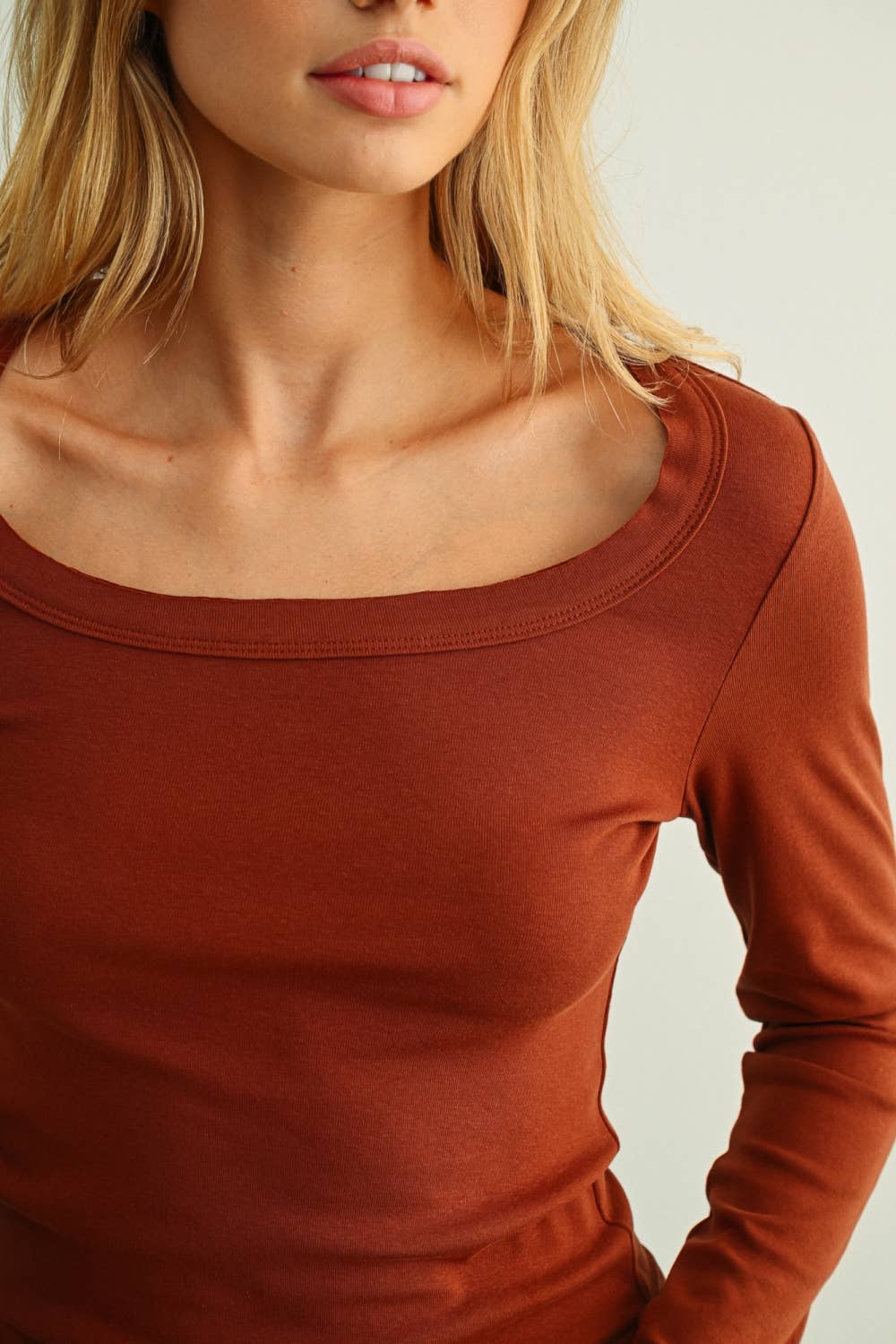 Fitted Long Sleeve Scoop Neck Tee • Rust
