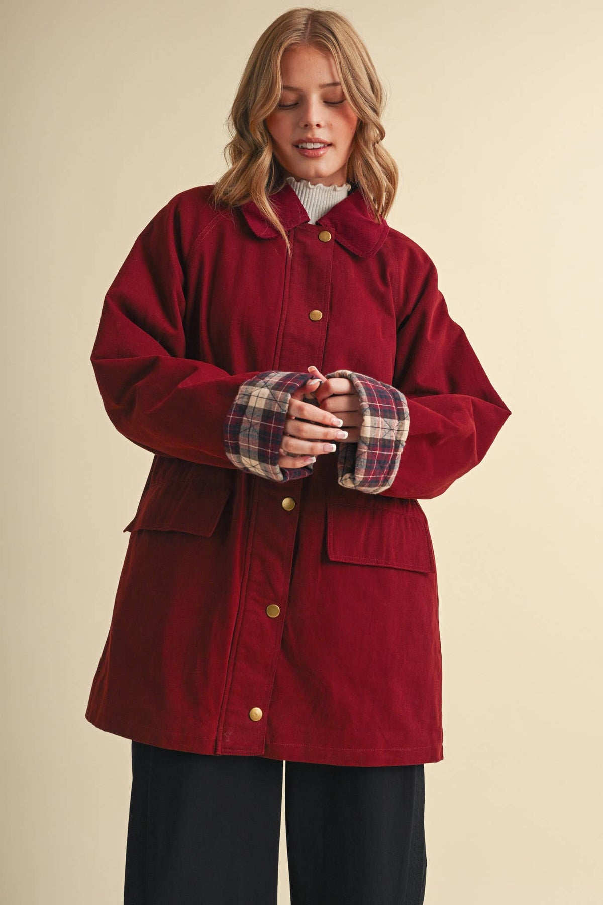 Cotton A-Line Jacket with Plaid Detail • Burgundy
