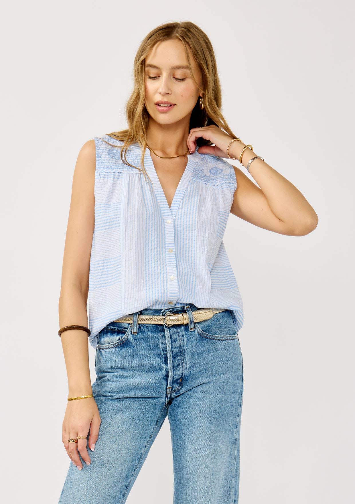 Striped Button-Down Embroidered Tank Light Blue & White