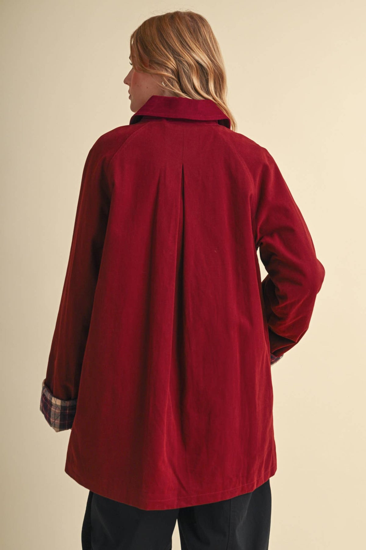 Cotton A-Line Jacket with Plaid Detail • Burgundy