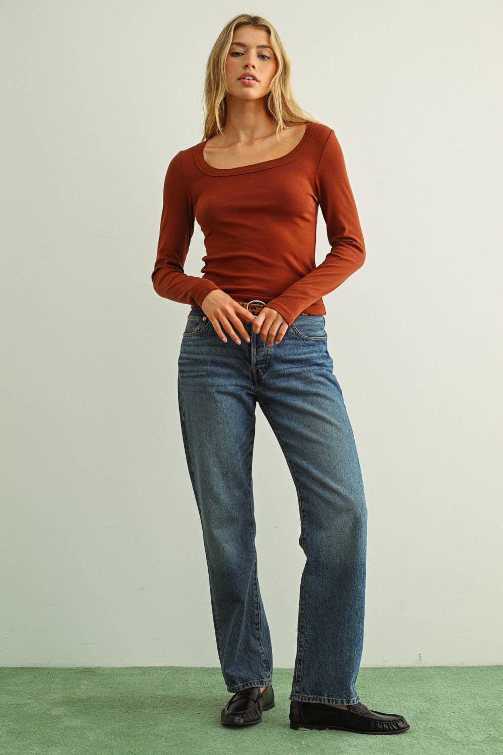 Fitted Long Sleeve Scoop Neck Tee • Rust