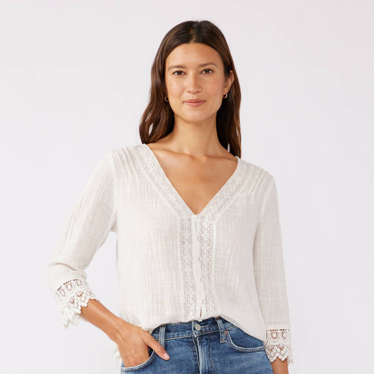 Lace Detail V-Neck Button Down Blouse • Vanilla