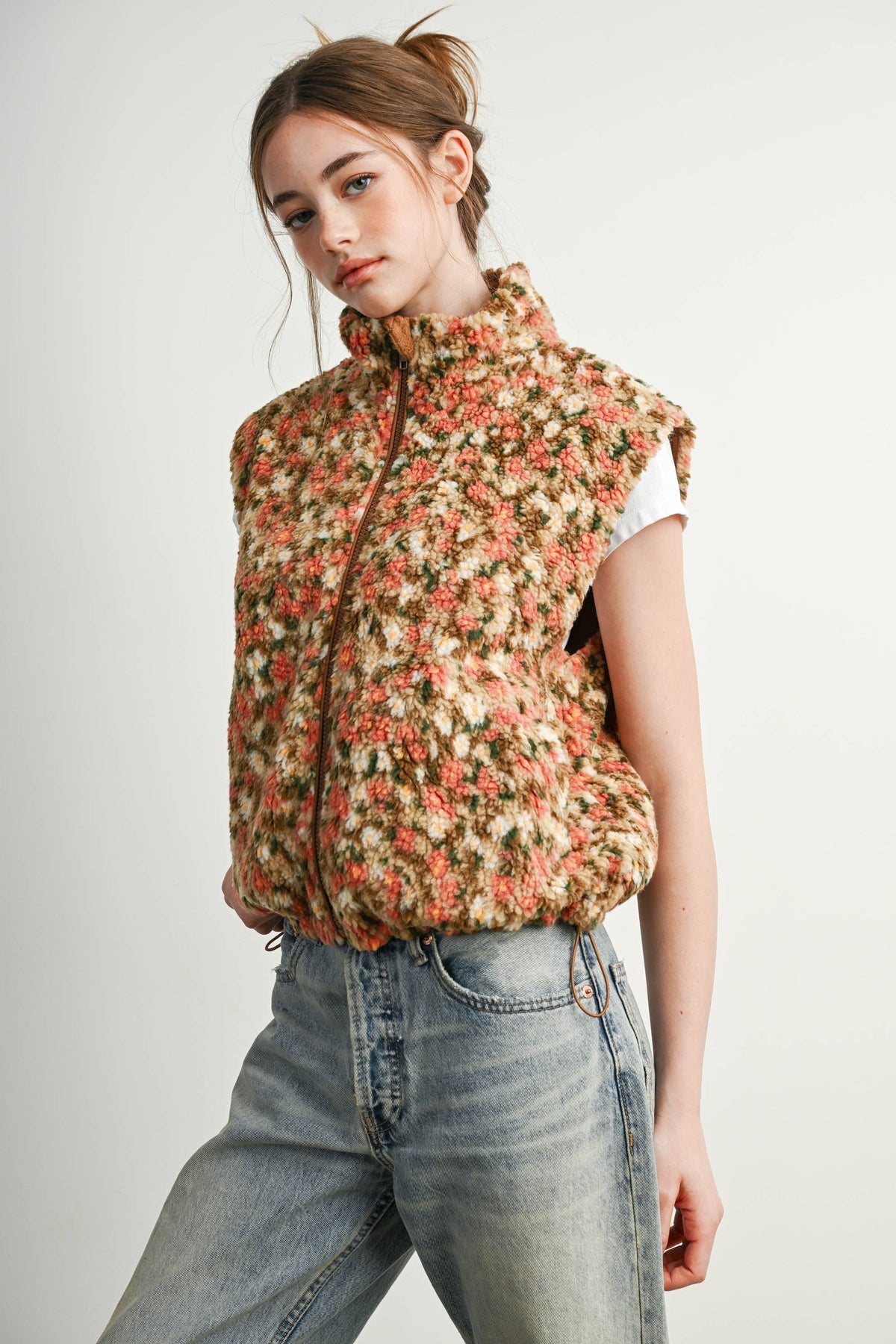 Ditsy Floral Sherpa Fleece Vest • Tan