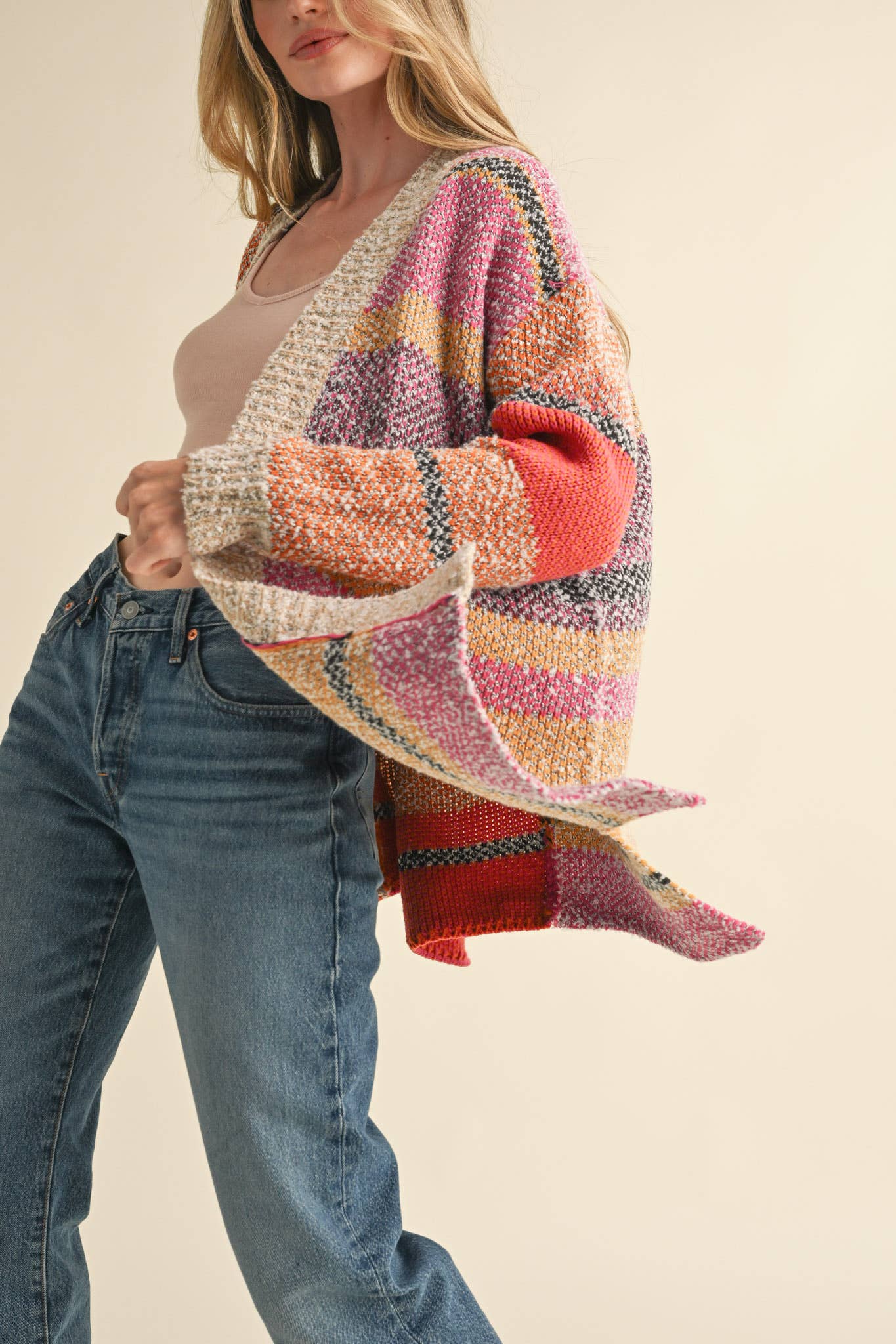 Color Block Cardigan Multi Colored Fuchsia Mustard