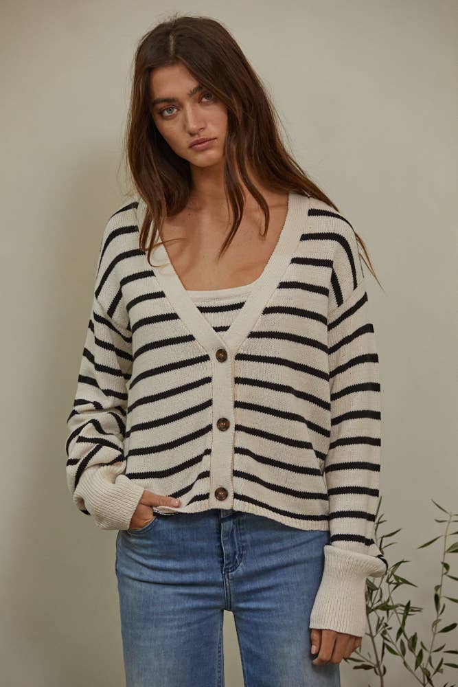 Knit Sweater Cotton Stripe V-Neck Cardigan • Natural Black