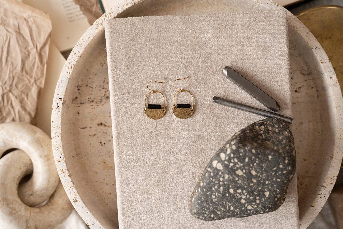 Mini Drop Earrings • Brass & Black Tourmaline