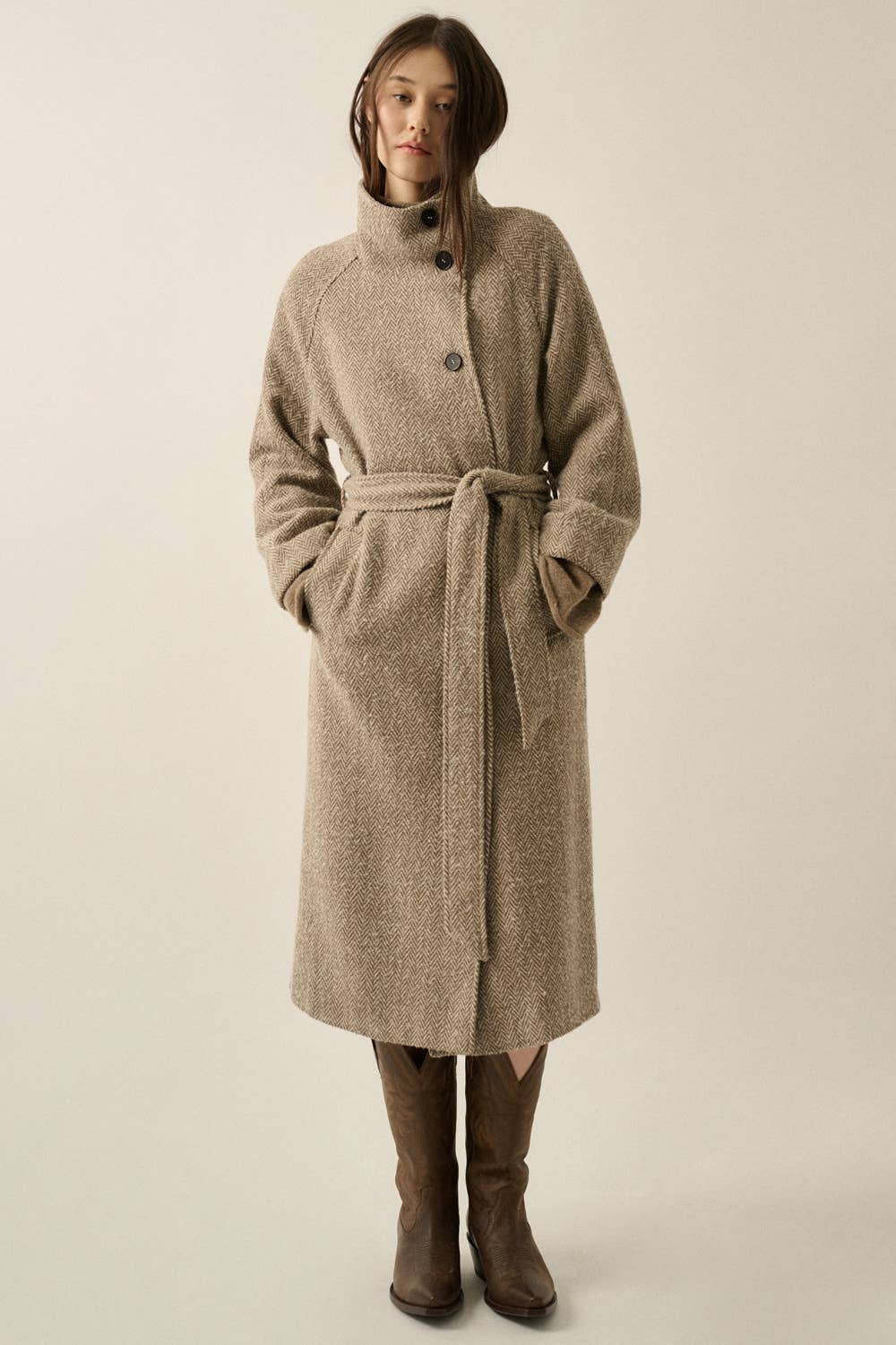 Long Herringbone Tweed Overcoat • Taupe
