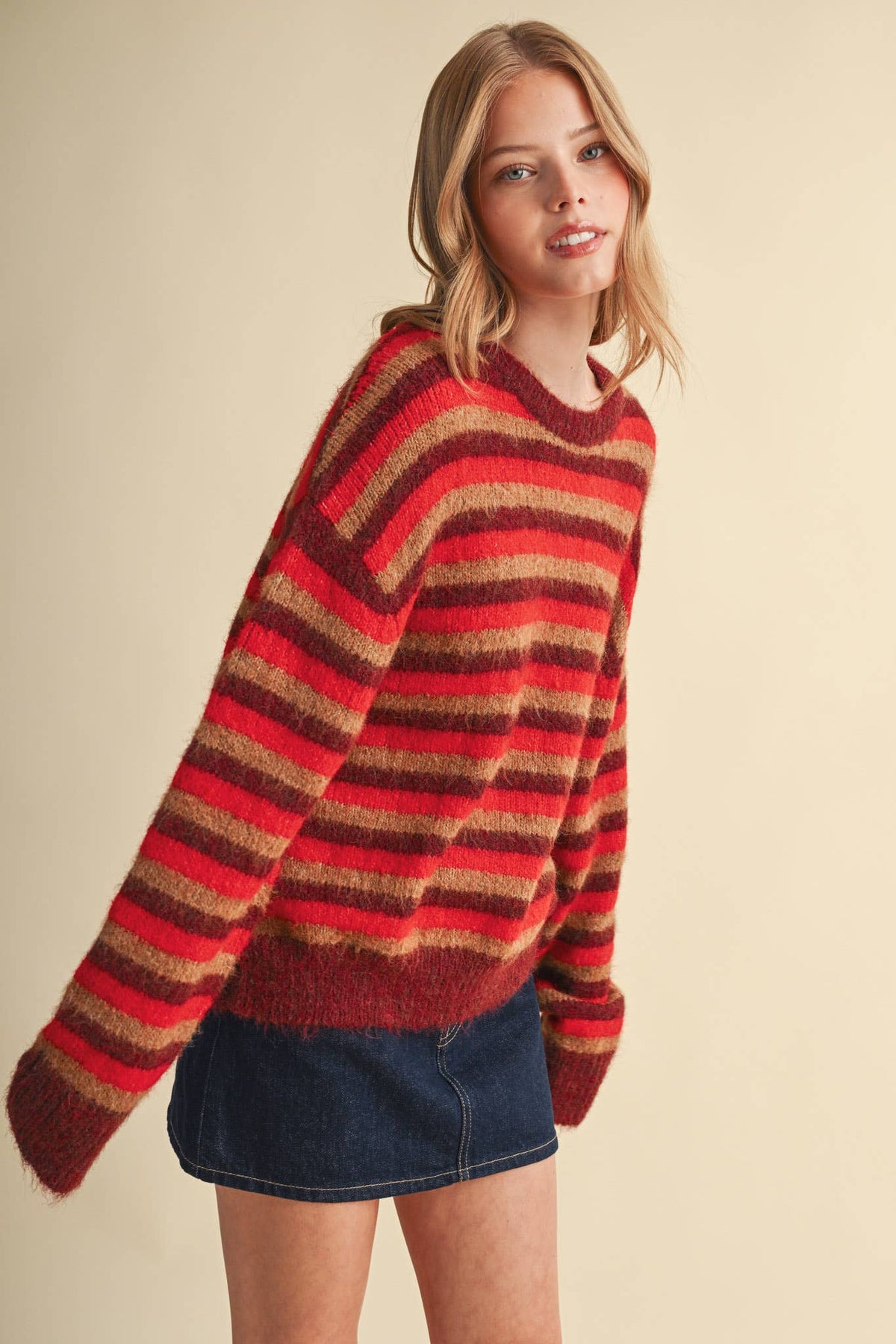 Striped Marled Sweater • Red Burgundy Tan