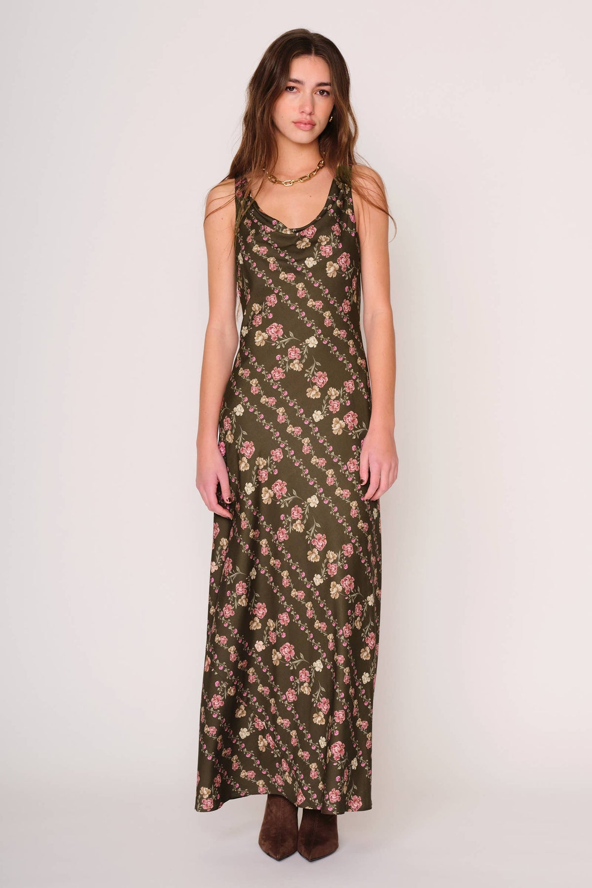 D. Ra • Esme Sateen Maxi Dress • Olive Floral