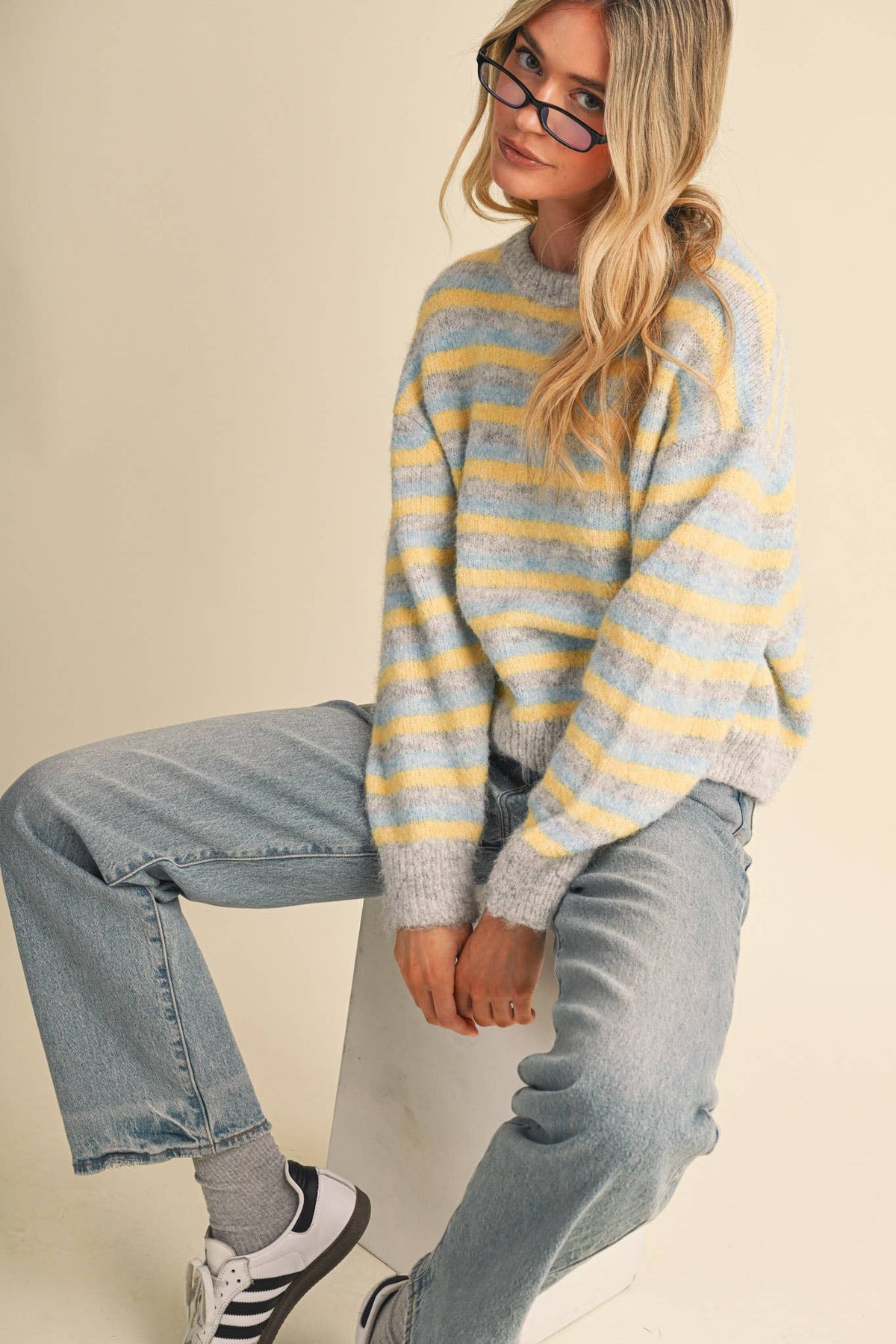 Striped Marled Sweater • Grey Blue & Yellow