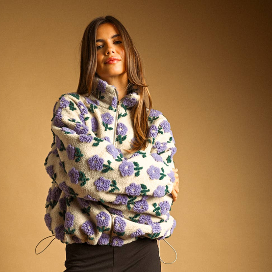 Flower Print Sherpa Jacket • Periwinkle & Ecru