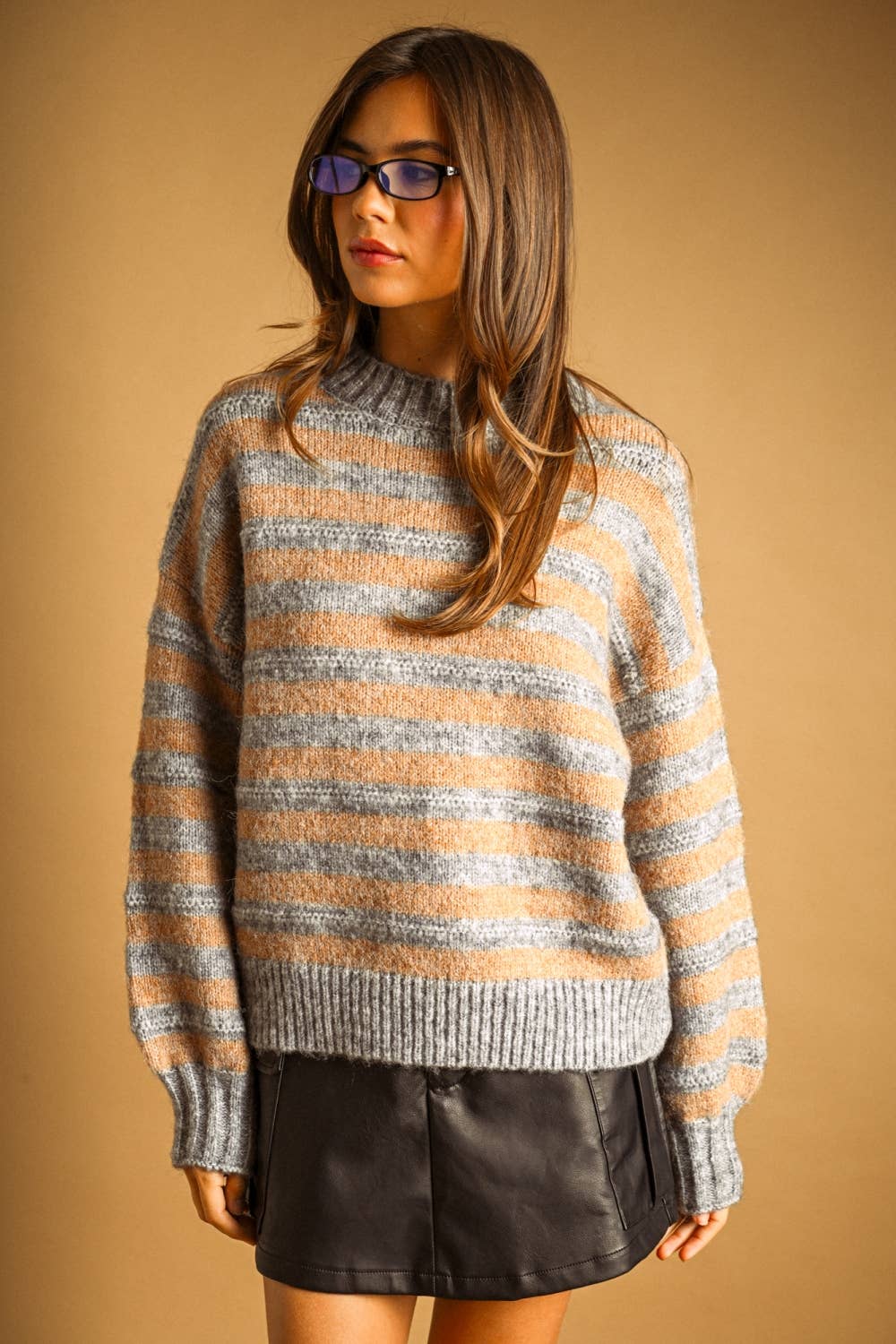 Oversized Striped Pulliver Sweater • Khaki & Grey