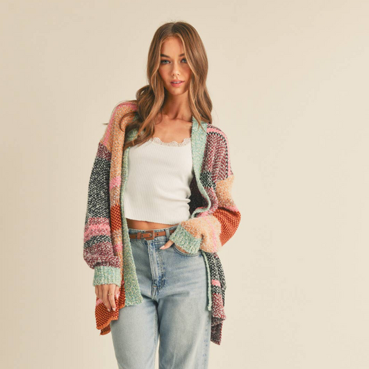 Oversized Color Block Cardigan • Burgundy Orange