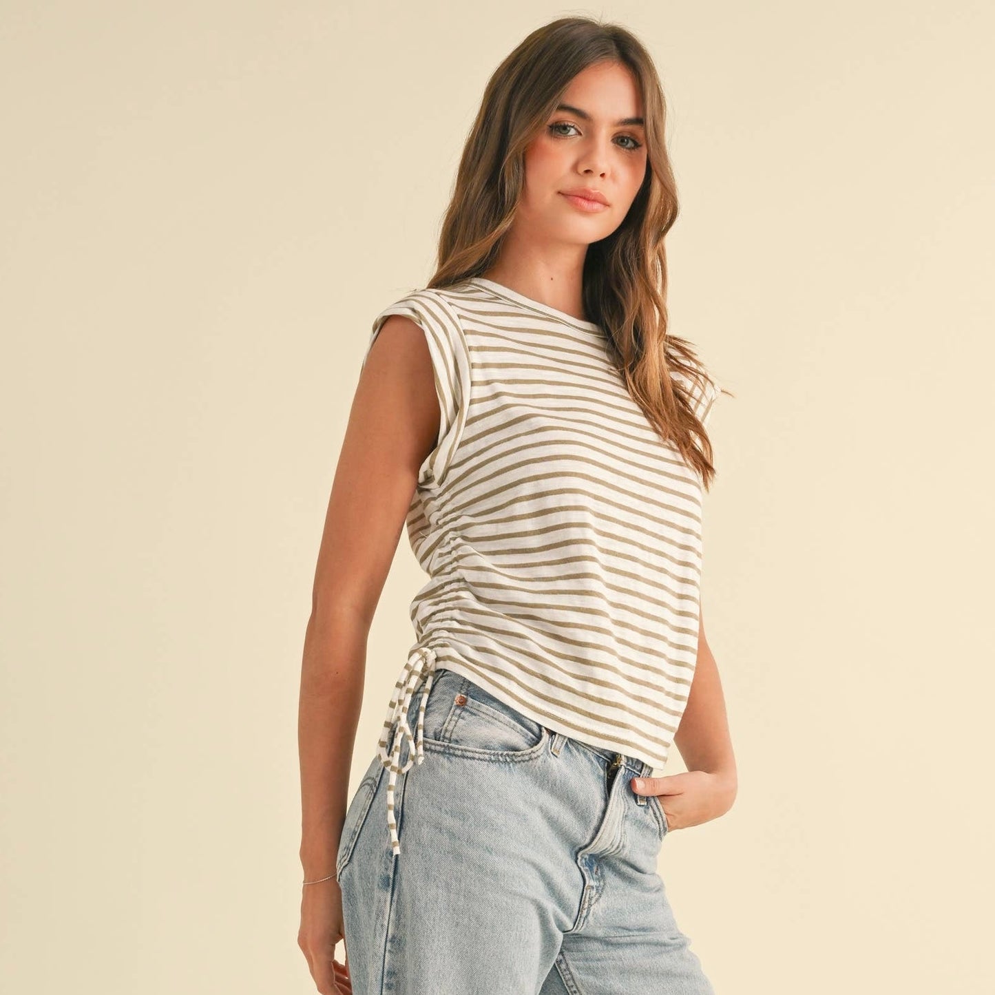 Striped Muscle Tee • Tan & White