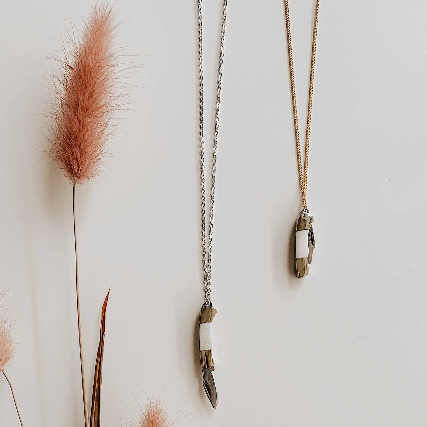 Miniature Mother of Pearl Pocket Knife Necklace • Brass