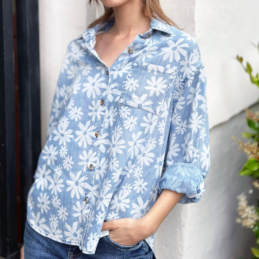 Billy T • Big Weekend Daisy Print Shirt • Chambray Denim