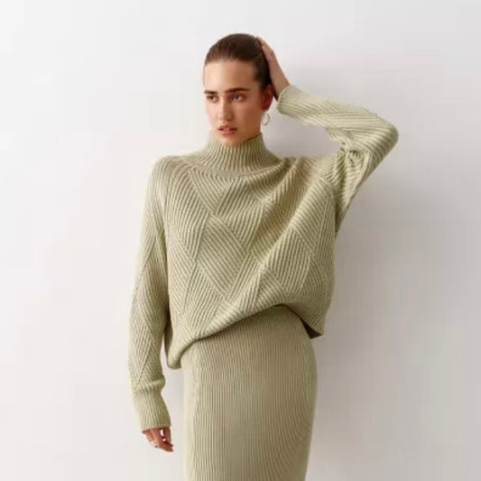 Nenya • High Neck Geometric Knit Sweater • Sage Green