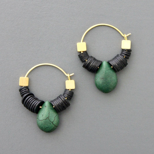 David Aubrey • Teardrop Beaded Hoop Earring • Green & Black