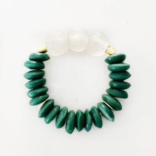 Ashanti & Recycled Glass Bead Stretch Bracelet Teal Green