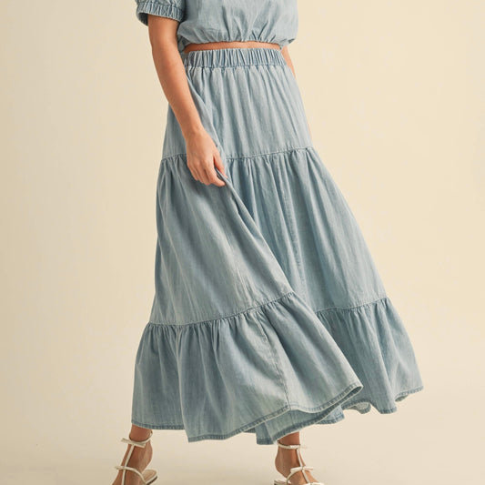 Tiered Denim Midi Skirt Light Wash