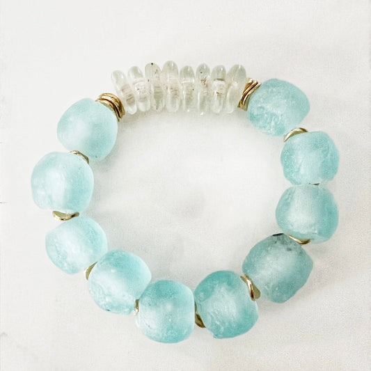 Recycled Glass Bead Stretch Bracelet- Baby Blue & Clear: 7.5”