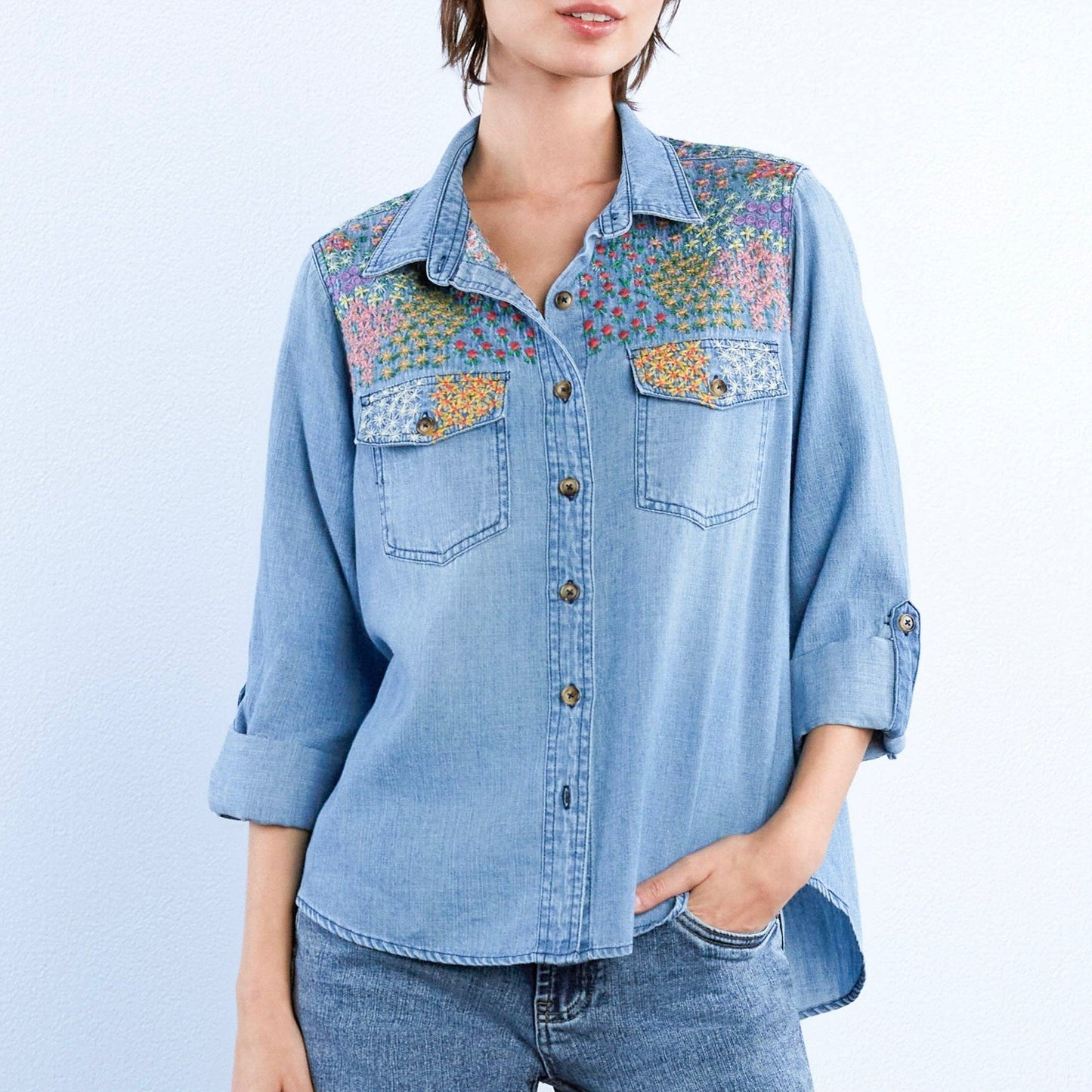 Billy T • Flower Patch Embroidered Shirt • Chambray Denim