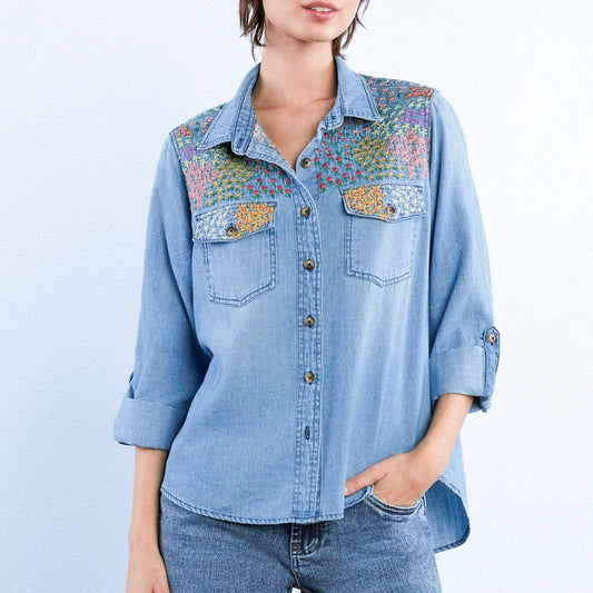 Billy T • Flower Patch Embroidered Shirt • Chambray Denim