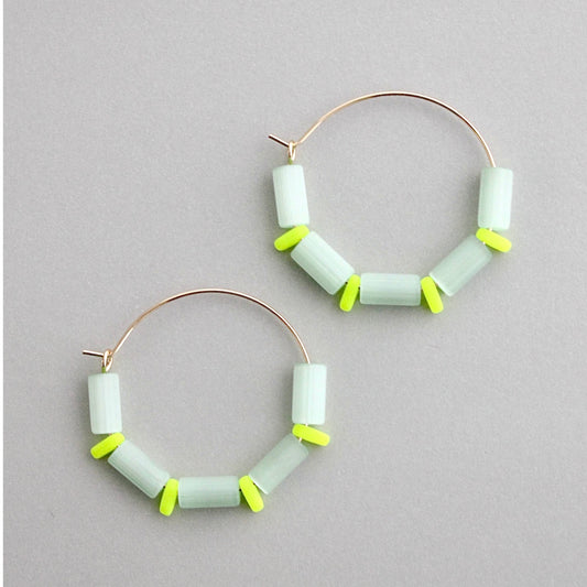 David Aubrey • Beaded Hoop Earrings • Mint Green Neon Yellow