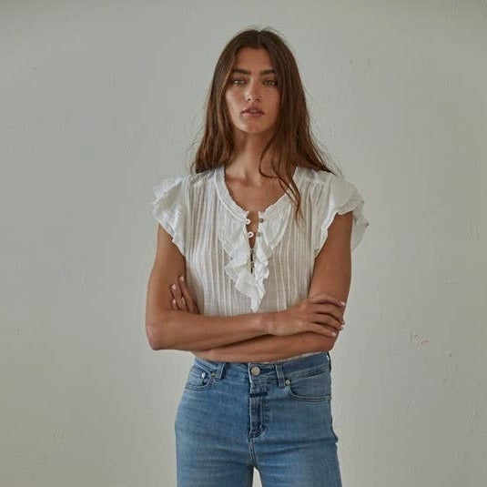 Ruffle Linen Blend Blouse Off White