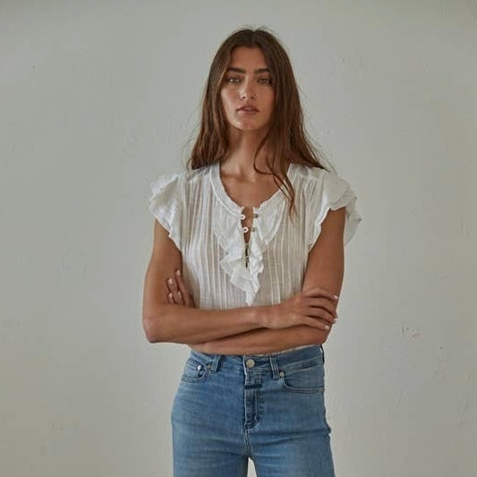 Ruffle Linen Blend Blouse Off White