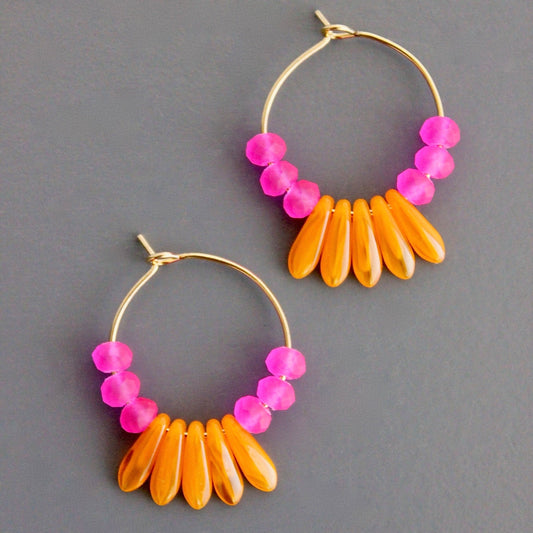 David Aubrey • Glass Bead Hoop Earrings • Pink Orange