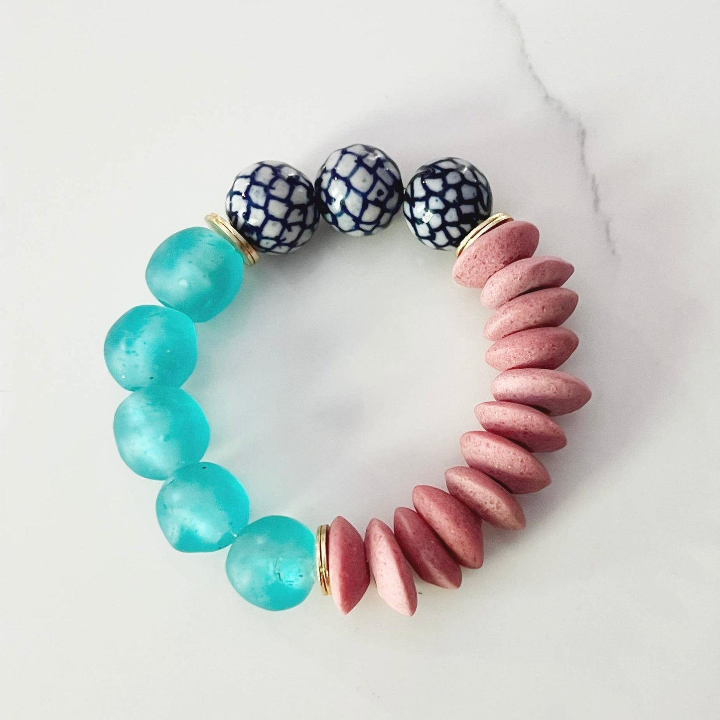 Handmade Glass & Ceramic Chinoiserie Bead Stretch Bracelet • Blue & Blush