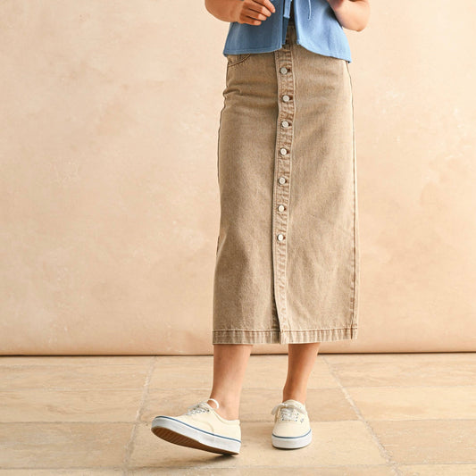 Denim Button Down Skirt Tan Wash