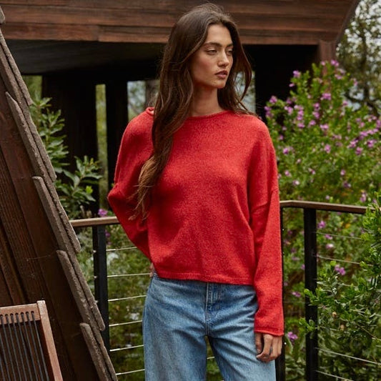 Oversized Knit Sweater Pullover Top • Red