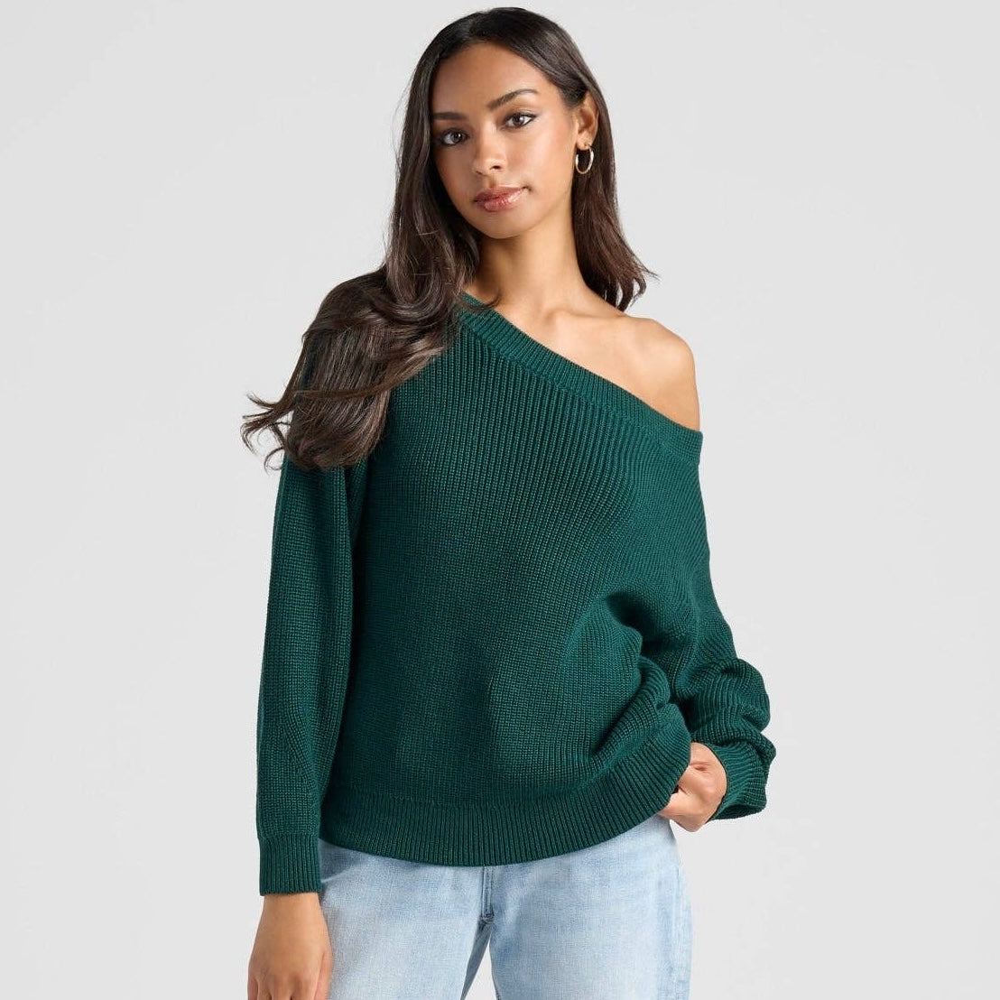 Coastal One Shoulder Sweater • Hunter Green • Small