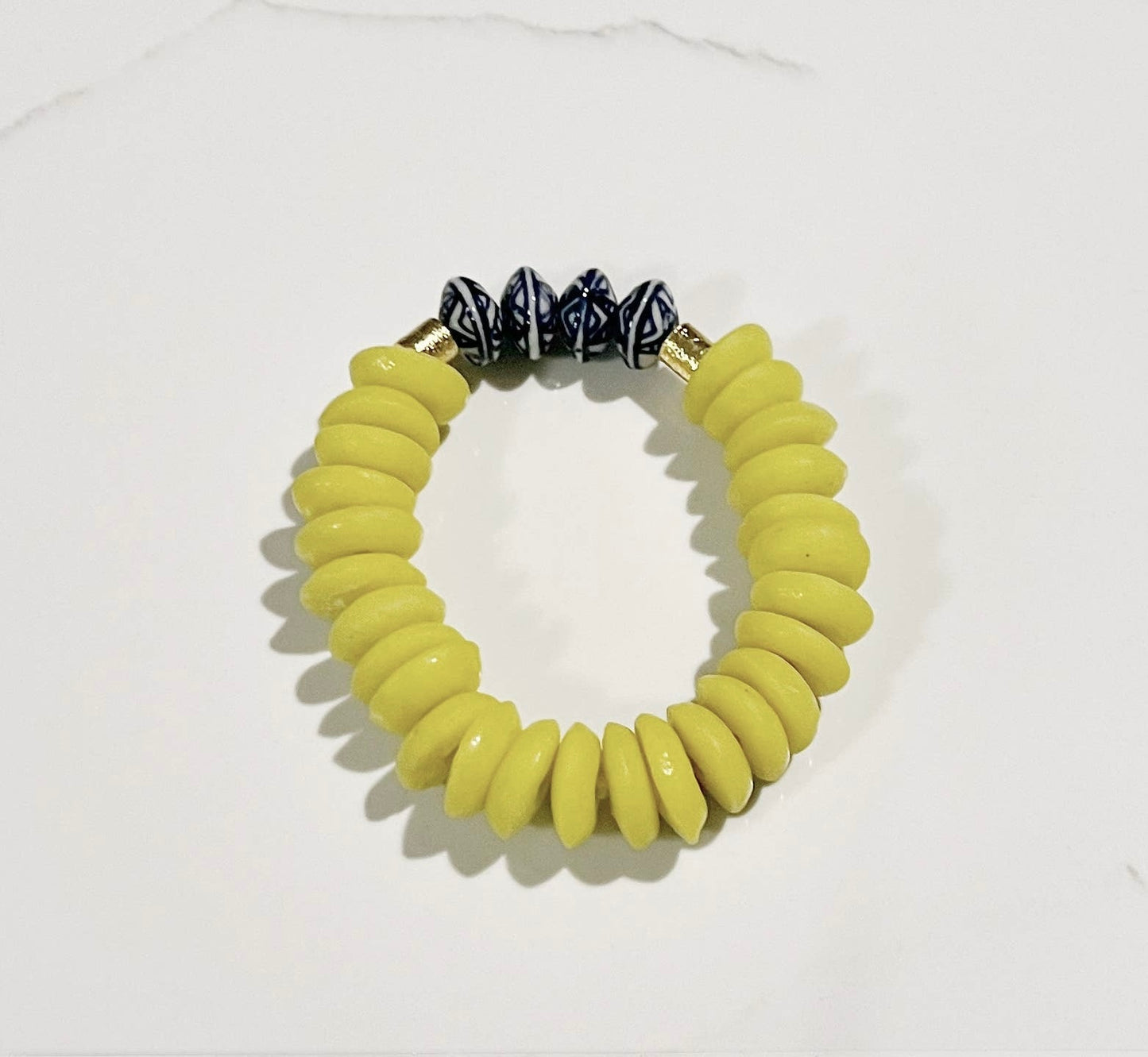 Handmade Ashanti Glass & Chinoiserie Saucer Bead Bracelet • Yellow