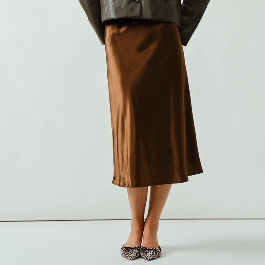 Satin A-Line Midi Skirt • Chocolate Brown