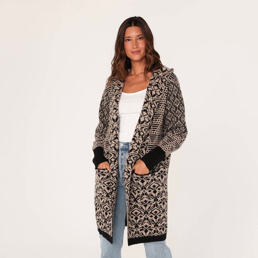 Patchwork Jacquard Hoodie Cardigan • Taupe & Black