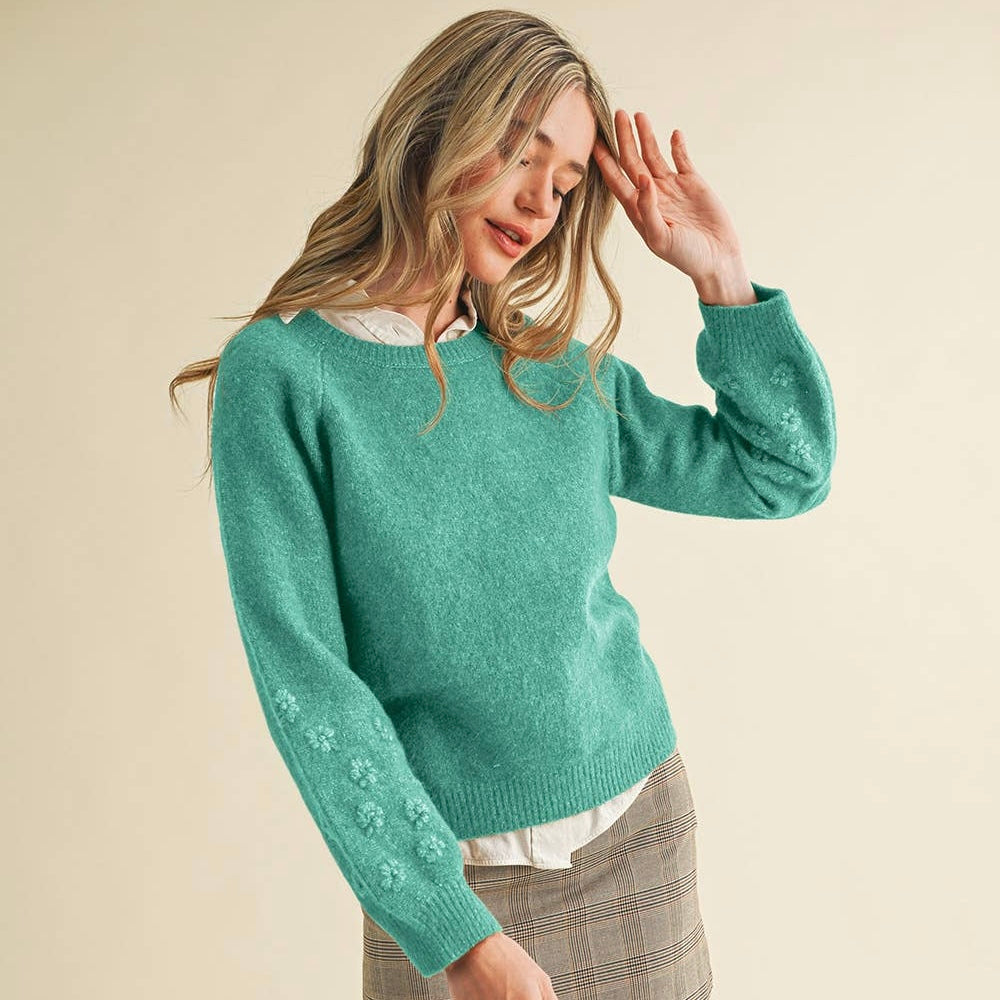 Floral Puff Sleeve Sweater Mint Green