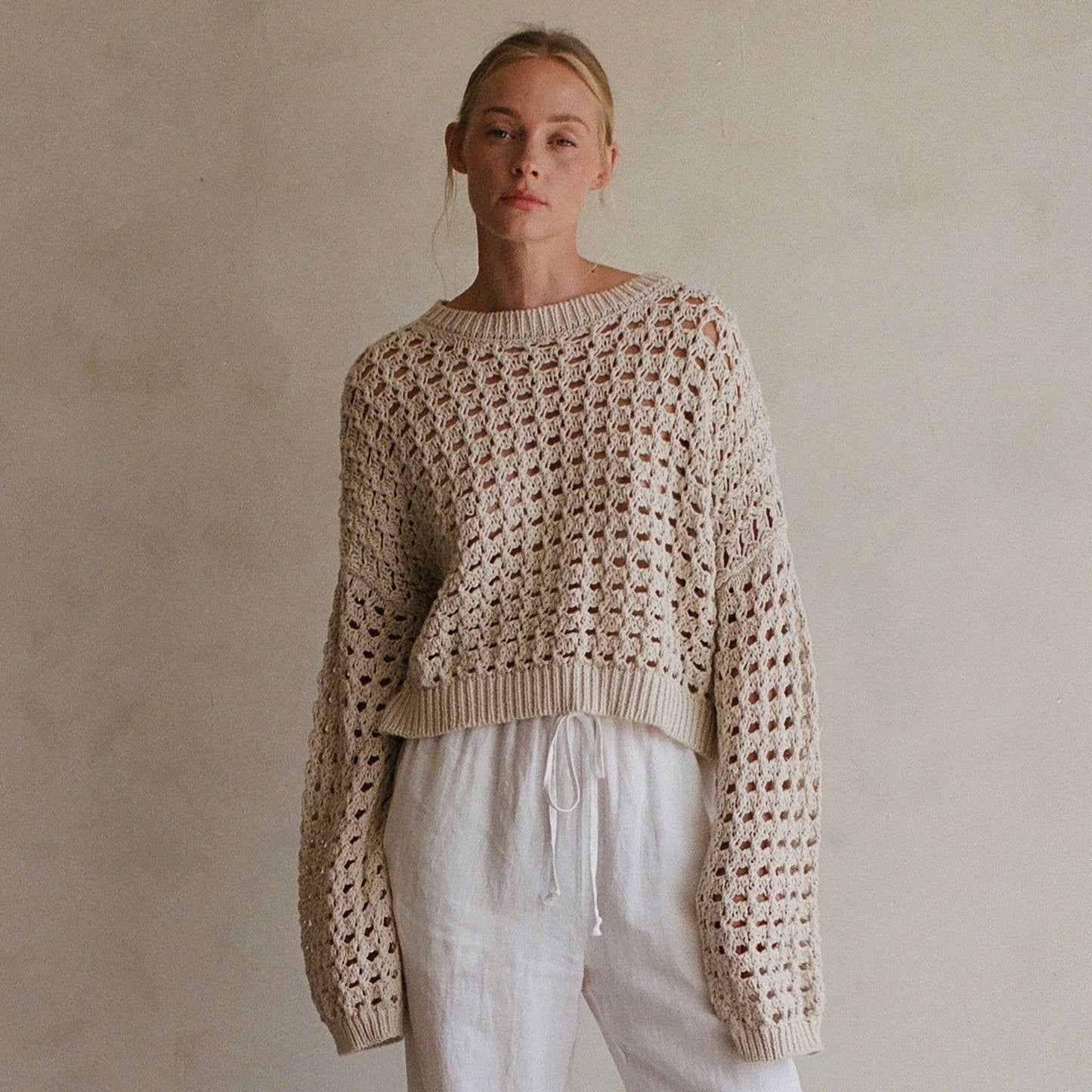 Linen Cotton Crew Pullover Sweater • Natural