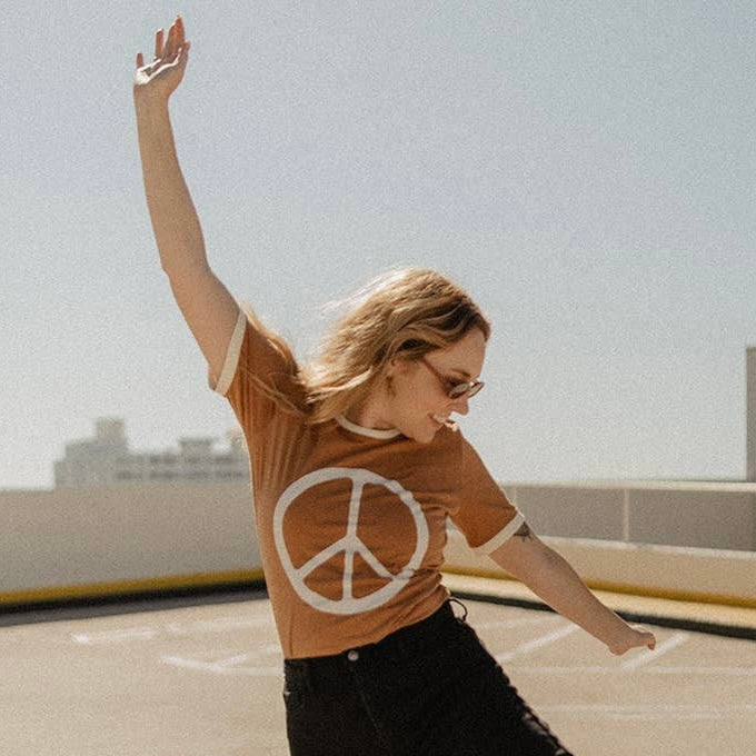 Peace Ringer Tee • Earthy Brown