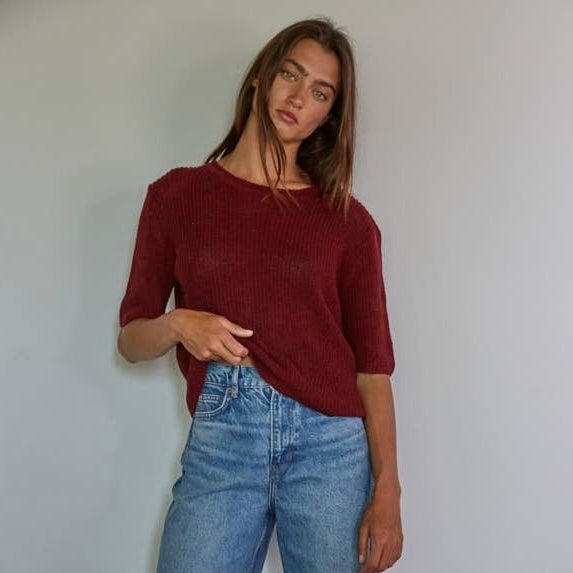 Knit Sweater Round Neck Wrap Back Short Sleeve Top • Burgundy