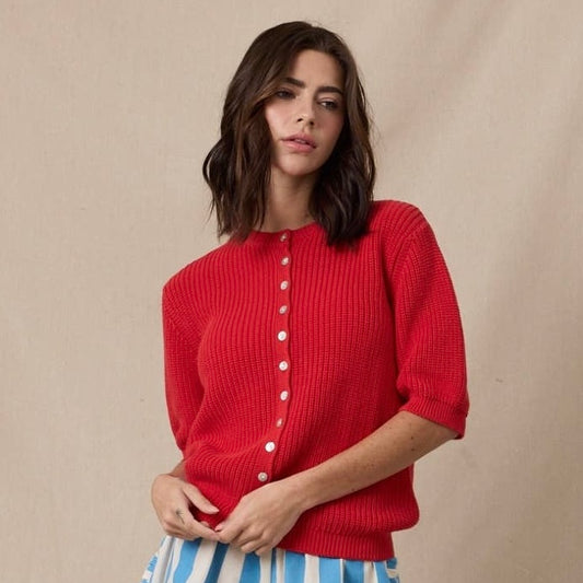 Short Sleeve Cotton Cardigan Sweater • Red