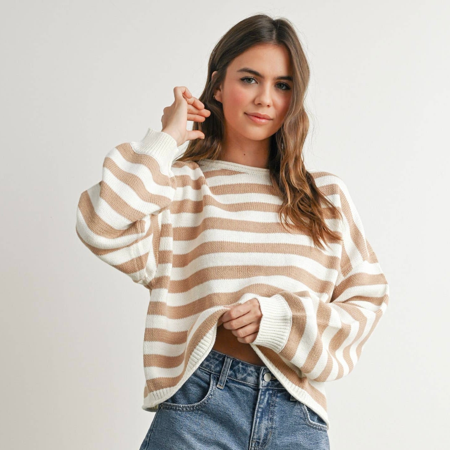 Oversized Boxy Stripe Sweater • Taupe & Ivory