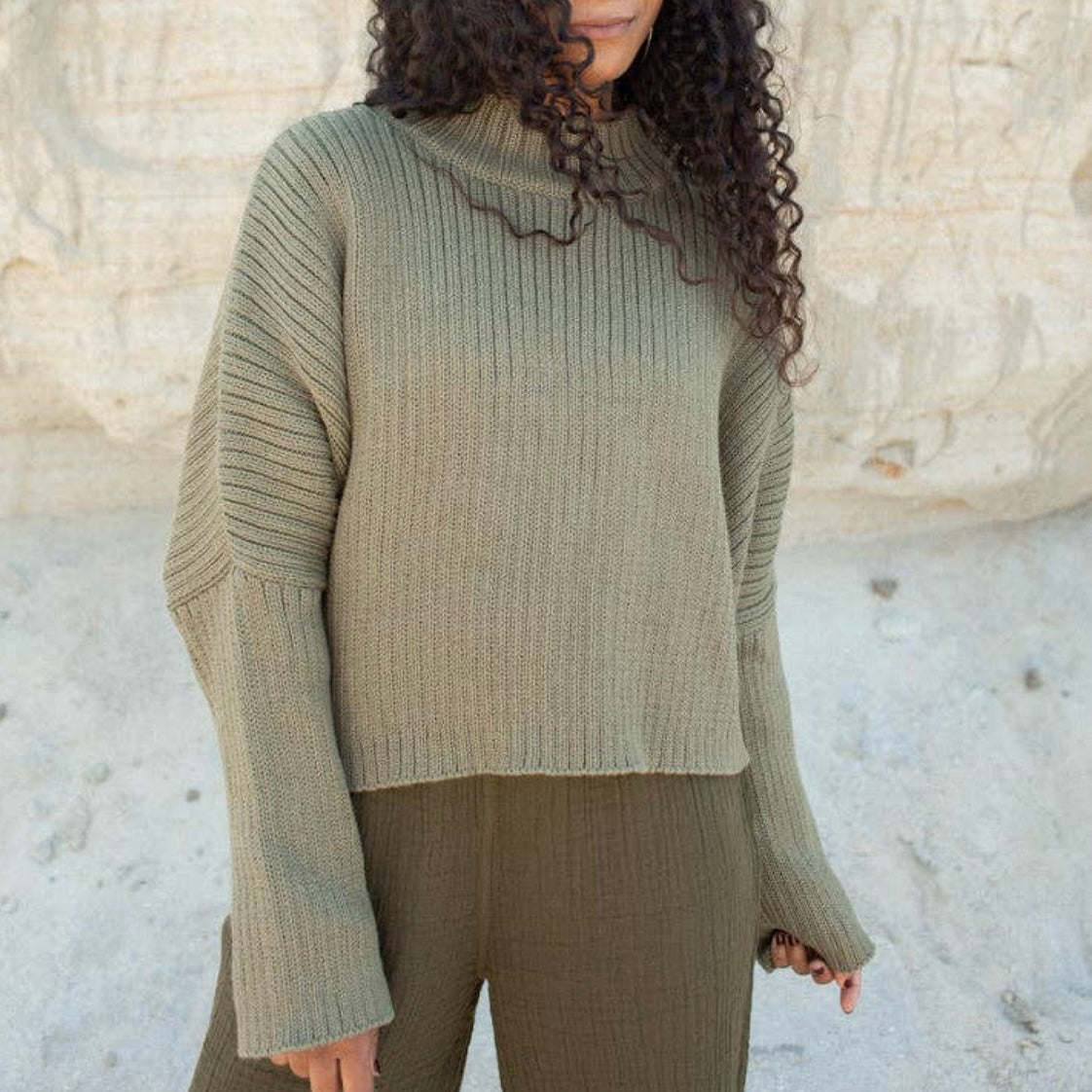 Honest Cotton • Mock Neck Crop Sweater • Olive