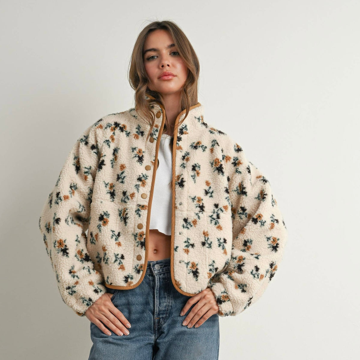 Floral Sherpa Fleece Jacket • Khaki & Cream