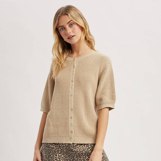 Short Sleeve Cotton Cardigan Sweater • Taupe