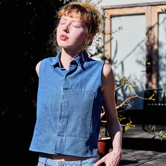 Collared Button Down Sleeveless Top • Denim
